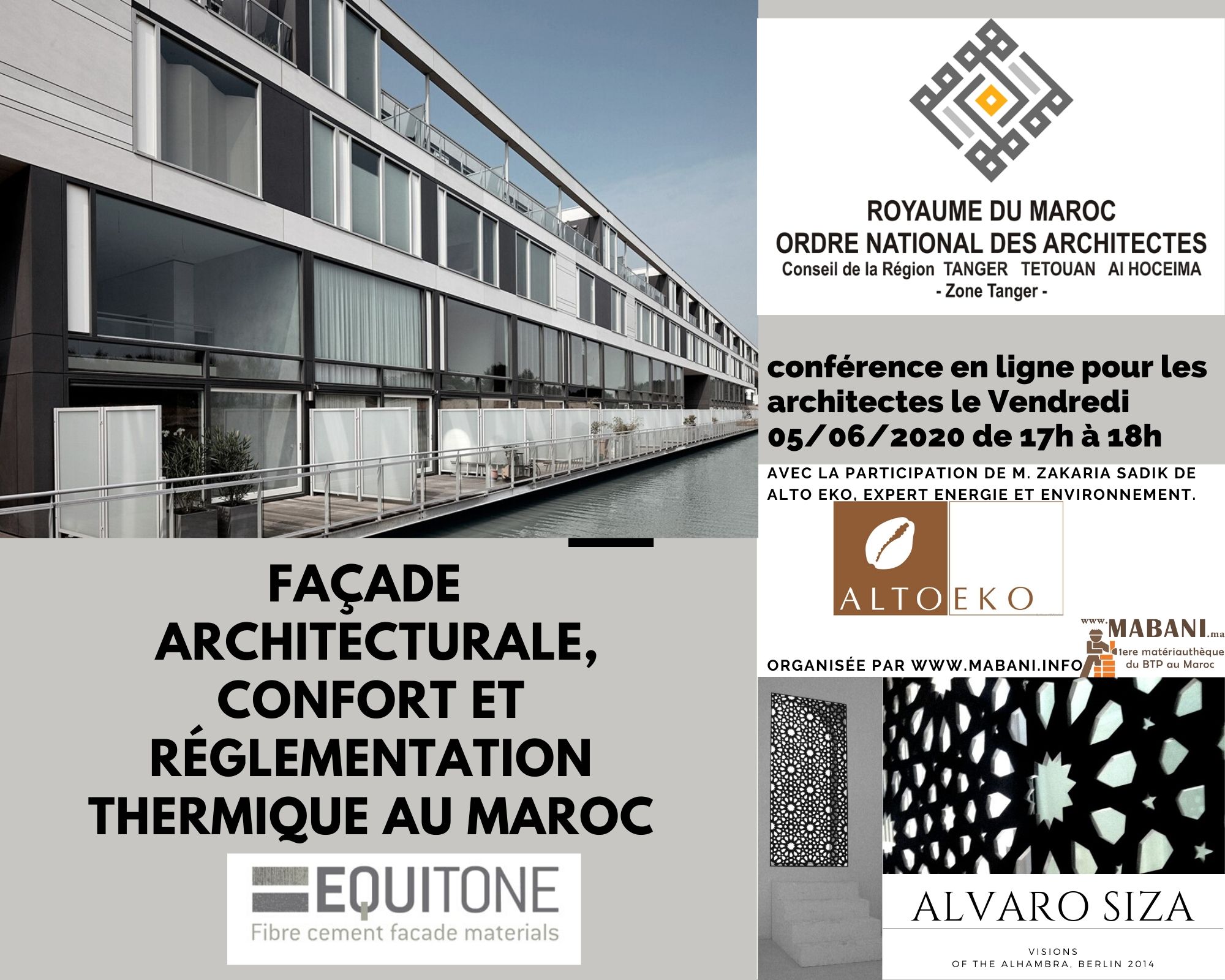 Conférence en ligne FAÇADE ARCHITECTURALE, CONFORT ET REGLEMENTATION THERMIQUE AU MAROC le Vendredi 5 juin 2020 à 17h